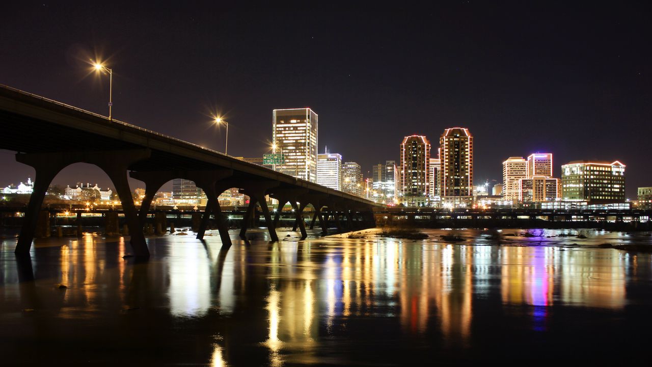 Wallpaper bridge, buildings, neon, lights, city, night