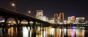 Preview wallpaper bridge, buildings, neon, lights, city, night