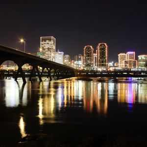 Preview wallpaper bridge, buildings, neon, lights, city, night