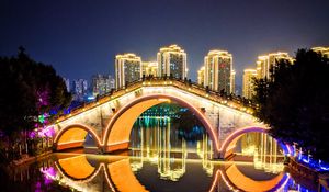 Preview wallpaper bridge, buildings, night city, lights, backlight