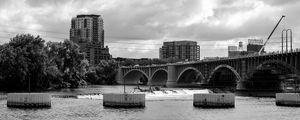 Preview wallpaper bridge, buildings, river, black and white