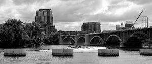 Preview wallpaper bridge, buildings, river, black and white