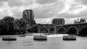 Preview wallpaper bridge, buildings, river, black and white