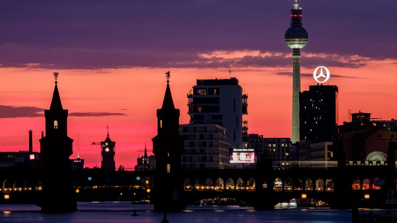 Wallpaper bridge, buildings, tower, lights, silhouettes, city, night