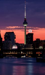 Preview wallpaper bridge, buildings, tower, lights, silhouettes, city, night