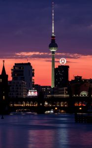 Preview wallpaper bridge, buildings, tower, lights, silhouettes, city, night