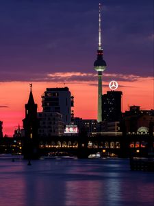 Preview wallpaper bridge, buildings, tower, lights, silhouettes, city, night