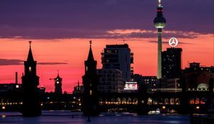 Preview wallpaper bridge, buildings, tower, lights, silhouettes, city, night