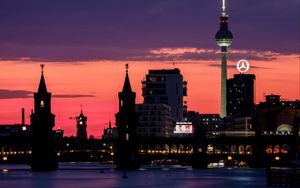 Preview wallpaper bridge, buildings, tower, lights, silhouettes, city, night