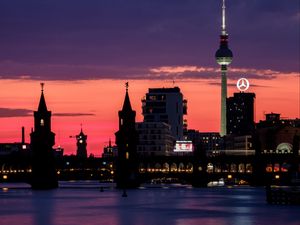 Preview wallpaper bridge, buildings, tower, lights, silhouettes, city, night