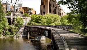 Preview wallpaper bridge, buildings, trees, river