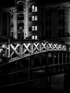 Preview wallpaper bridge, buildings, windows, light, night, black and white