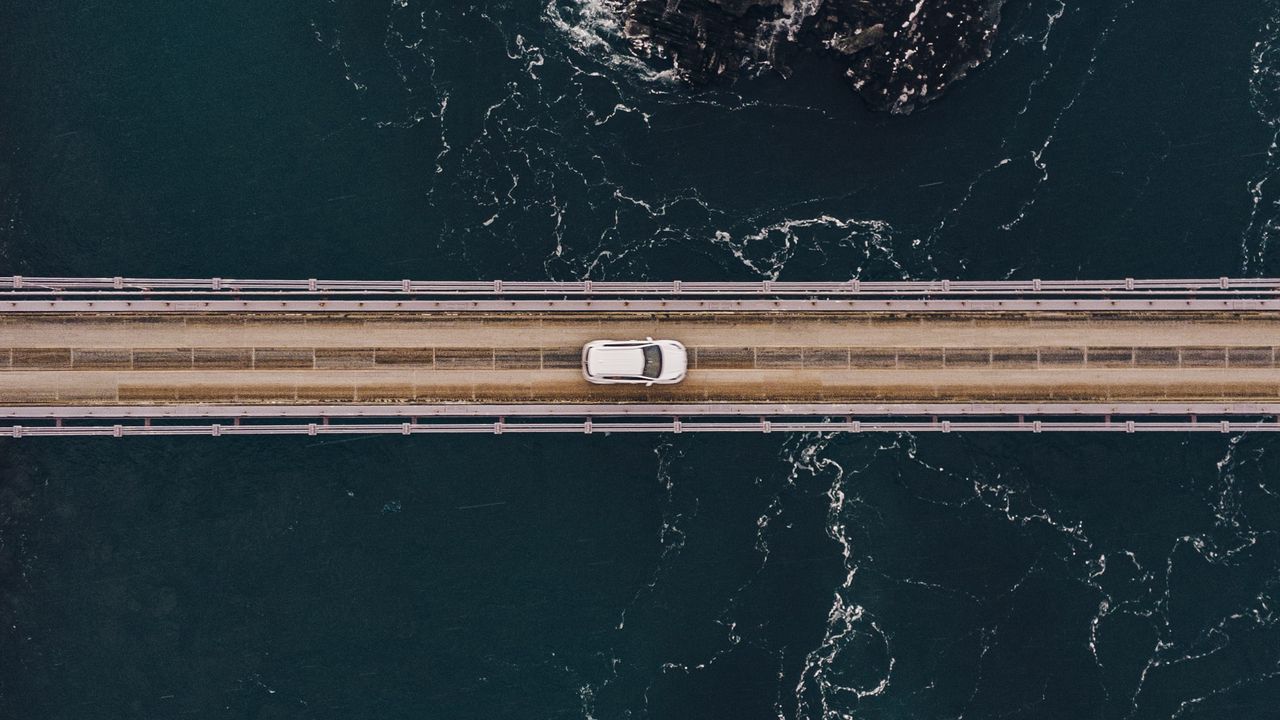 Wallpaper bridge, car, aerial view, water, rocks hd, picture, image