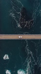 Preview wallpaper bridge, car, aerial view, water, rocks