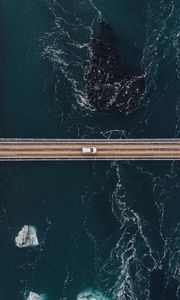 Preview wallpaper bridge, car, aerial view, water, rocks
