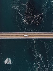 Preview wallpaper bridge, car, aerial view, water, rocks