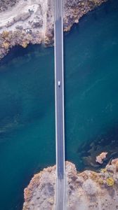 Preview wallpaper bridge, car, aerial view, river, coast