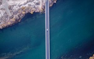 Preview wallpaper bridge, car, aerial view, river, coast