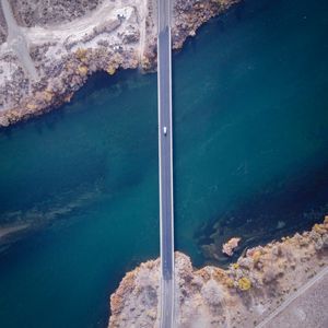Preview wallpaper bridge, car, aerial view, river, coast