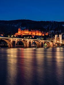 Preview wallpaper bridge, castle, building, architecture, night, dark