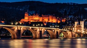 Preview wallpaper bridge, castle, building, architecture, night, dark