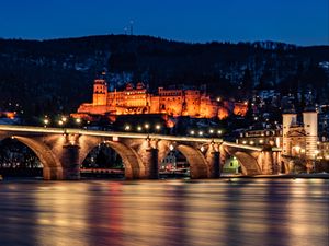Preview wallpaper bridge, castle, building, architecture, night, dark
