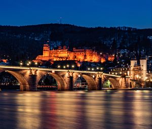 Preview wallpaper bridge, castle, building, architecture, night, dark