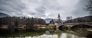 Preview wallpaper bridge, chapel, river, buildings, reflection