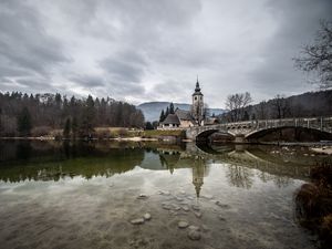 Preview wallpaper bridge, chapel, river, buildings, reflection