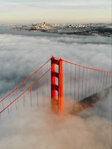 Preview wallpaper bridge, city, aerial view, clouds, height
