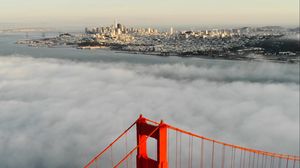 Preview wallpaper bridge, city, aerial view, clouds, height