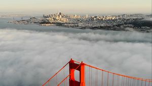 Preview wallpaper bridge, city, aerial view, clouds, height