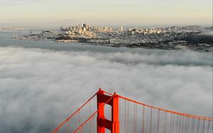 Preview wallpaper bridge, city, aerial view, clouds, height