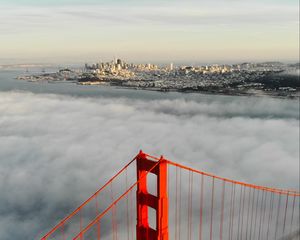 Preview wallpaper bridge, city, aerial view, clouds, height