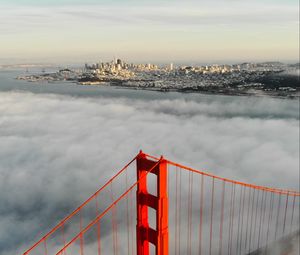 Preview wallpaper bridge, city, aerial view, clouds, height