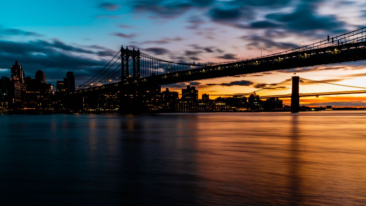 Wallpaper bridge, city, coast, sunset, dusk, dark