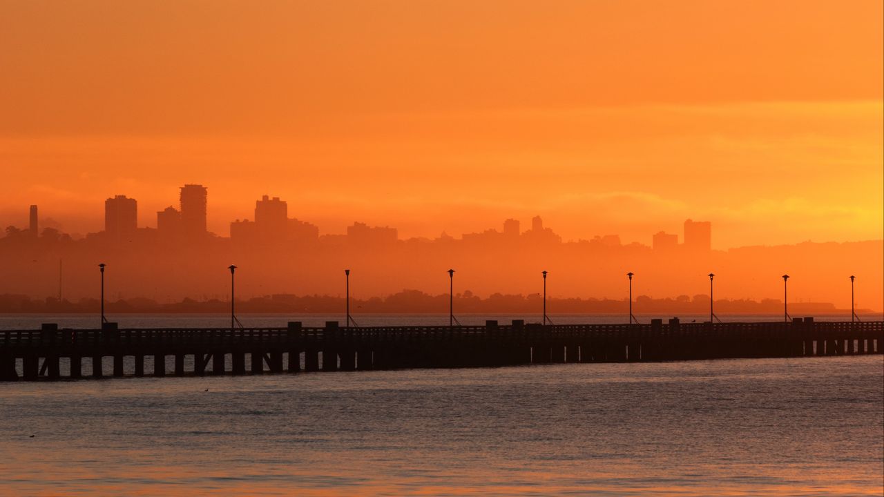 Wallpaper bridge, city, fog, dusk, sunset