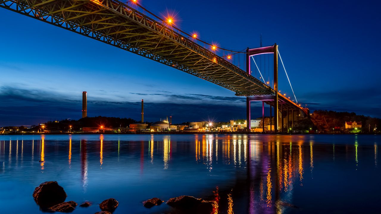 Wallpaper bridge, city, night, coast, lights