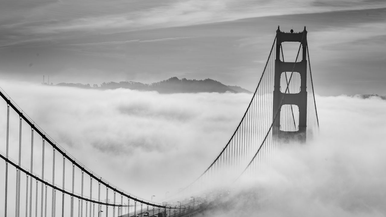 Wallpaper bridge, clouds, fog, bw