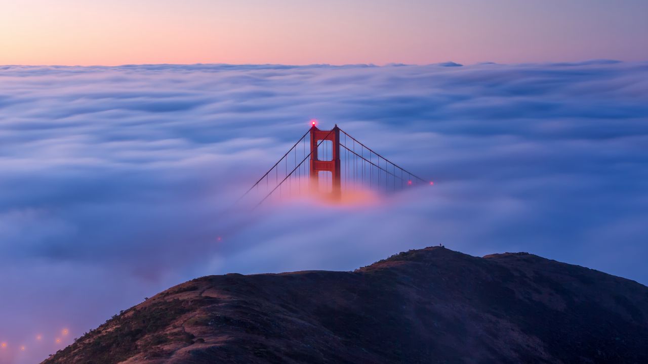 Wallpaper bridge, clouds, mountain, fog