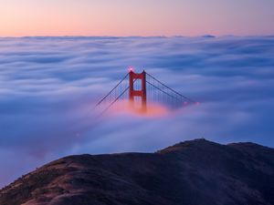 Preview wallpaper bridge, clouds, mountain, fog