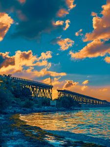 Preview wallpaper bridge, clouds, water, sunset, nature, landscape