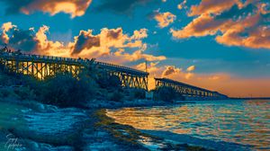 Preview wallpaper bridge, clouds, water, sunset, nature, landscape