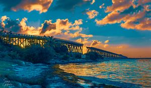 Preview wallpaper bridge, clouds, water, sunset, nature, landscape