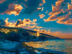 Preview wallpaper bridge, clouds, water, sunset, nature, landscape