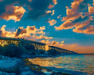Preview wallpaper bridge, clouds, water, sunset, nature, landscape