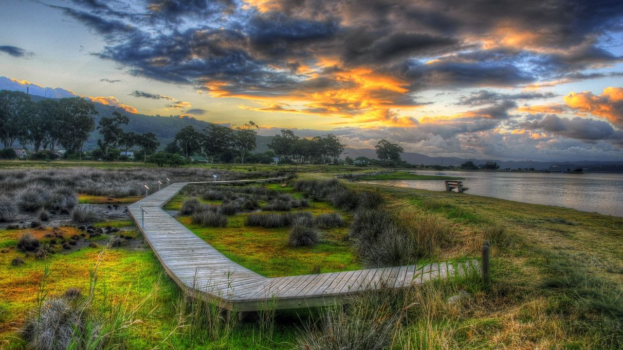 Wallpaper bridge, coast, cold, wooden, colors, paints, greens, autumn, bench