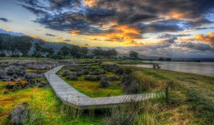 Preview wallpaper bridge, coast, cold, wooden, colors, paints, greens, autumn, bench