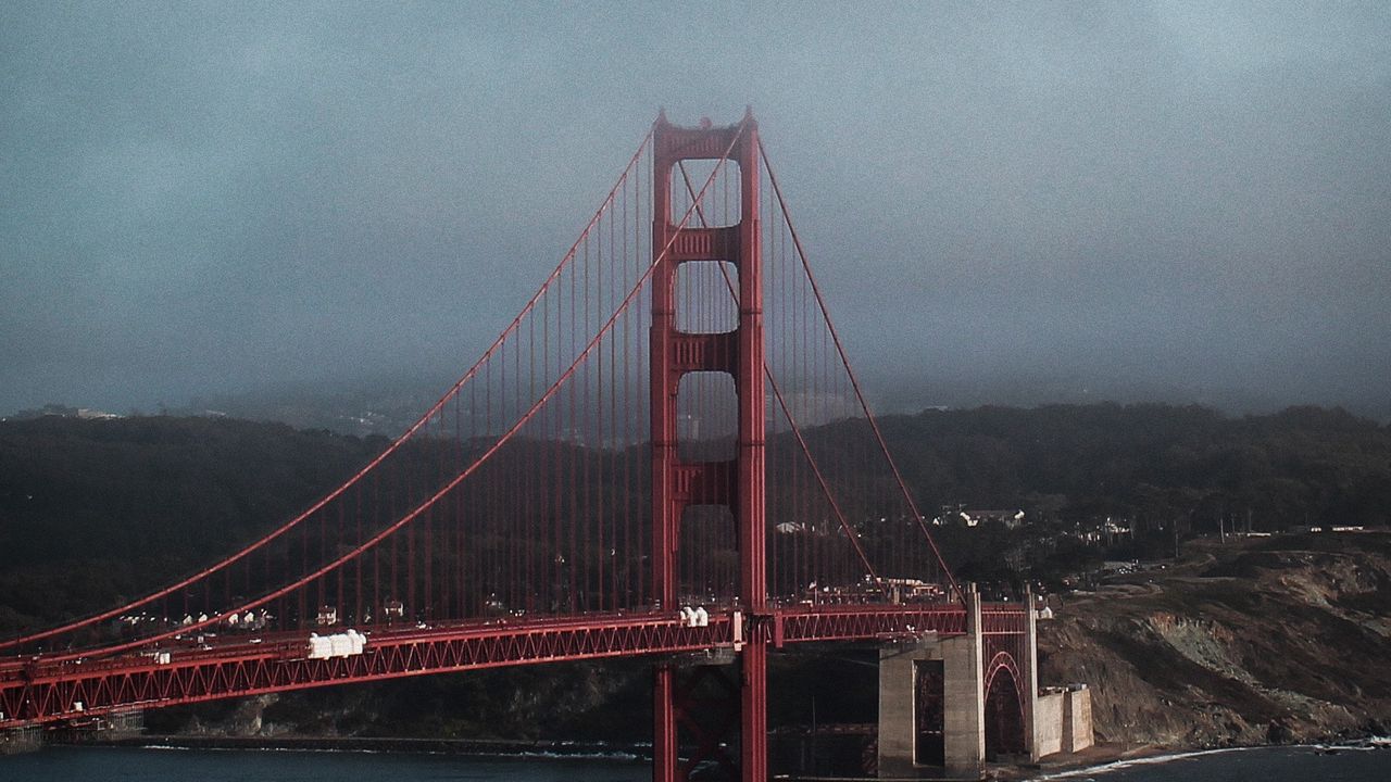 Wallpaper bridge, construction, sea, mountains, water