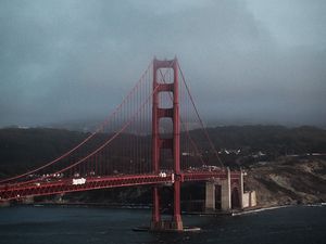 Preview wallpaper bridge, construction, sea, mountains, water